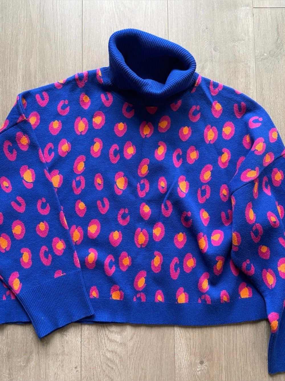 Anthropologie/nouveaux Blue Turtleneck Sweater with Pink and Orange Leopard Prin
